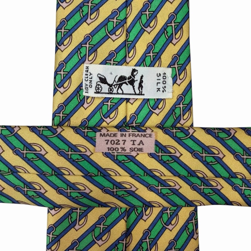 Hermes Tie Nautical Anchors Striped Yellow/Blue/Green Silk 7027 TA 3.5" x 56.25" - Picture 3 of 4